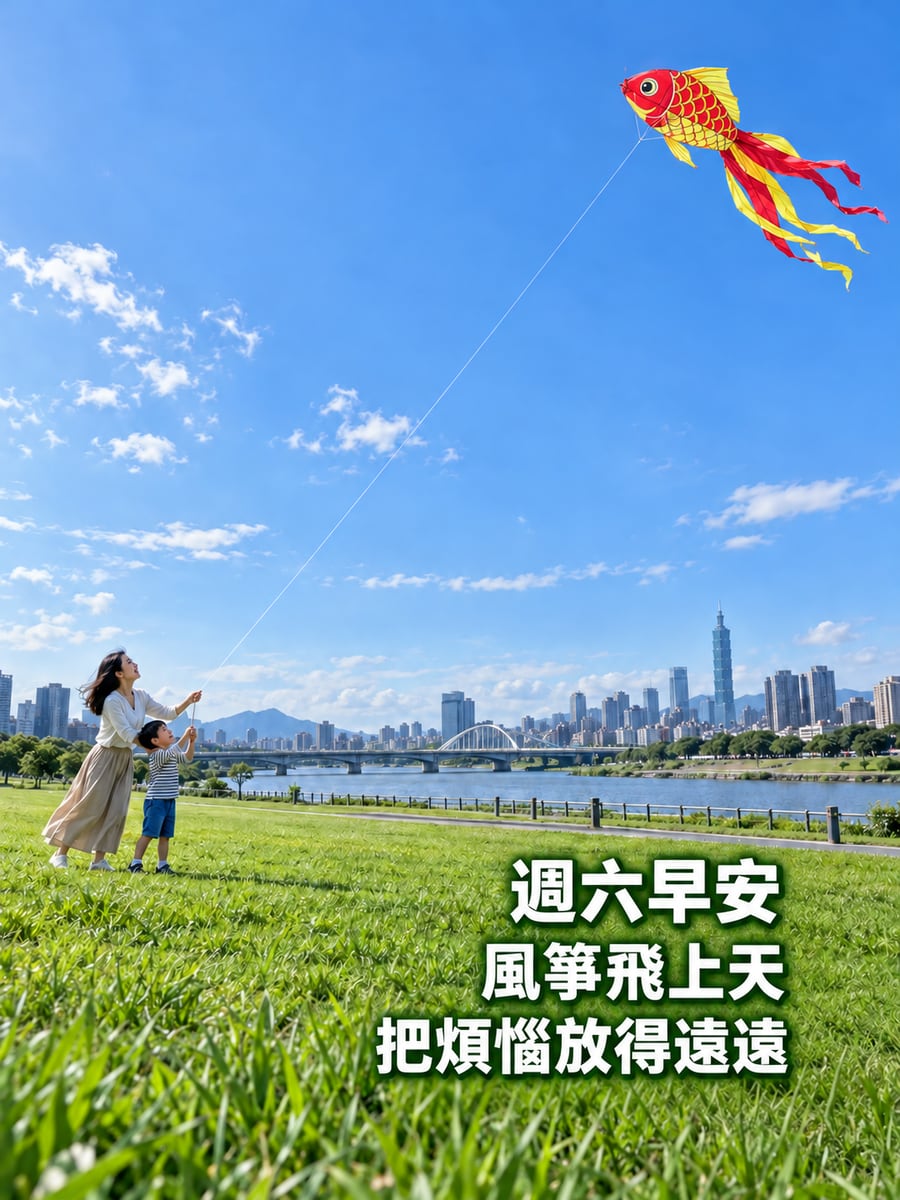 河濱放風箏。圖中文字：週六早安，風箏飛上天，把煩惱放得遠遠