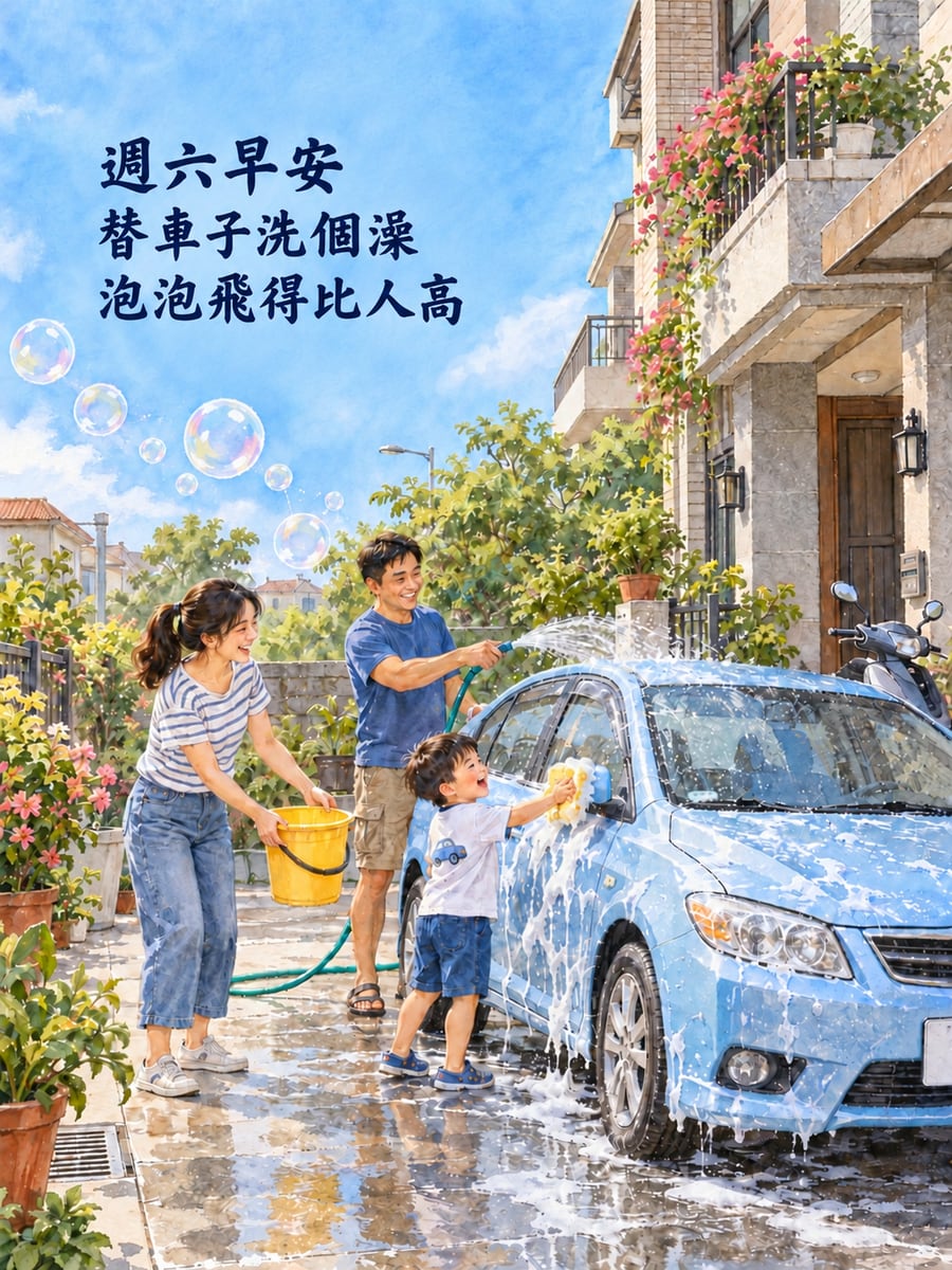 週六洗車。圖中文字：週六早安，替車子洗個澡，泡泡飛得比人高