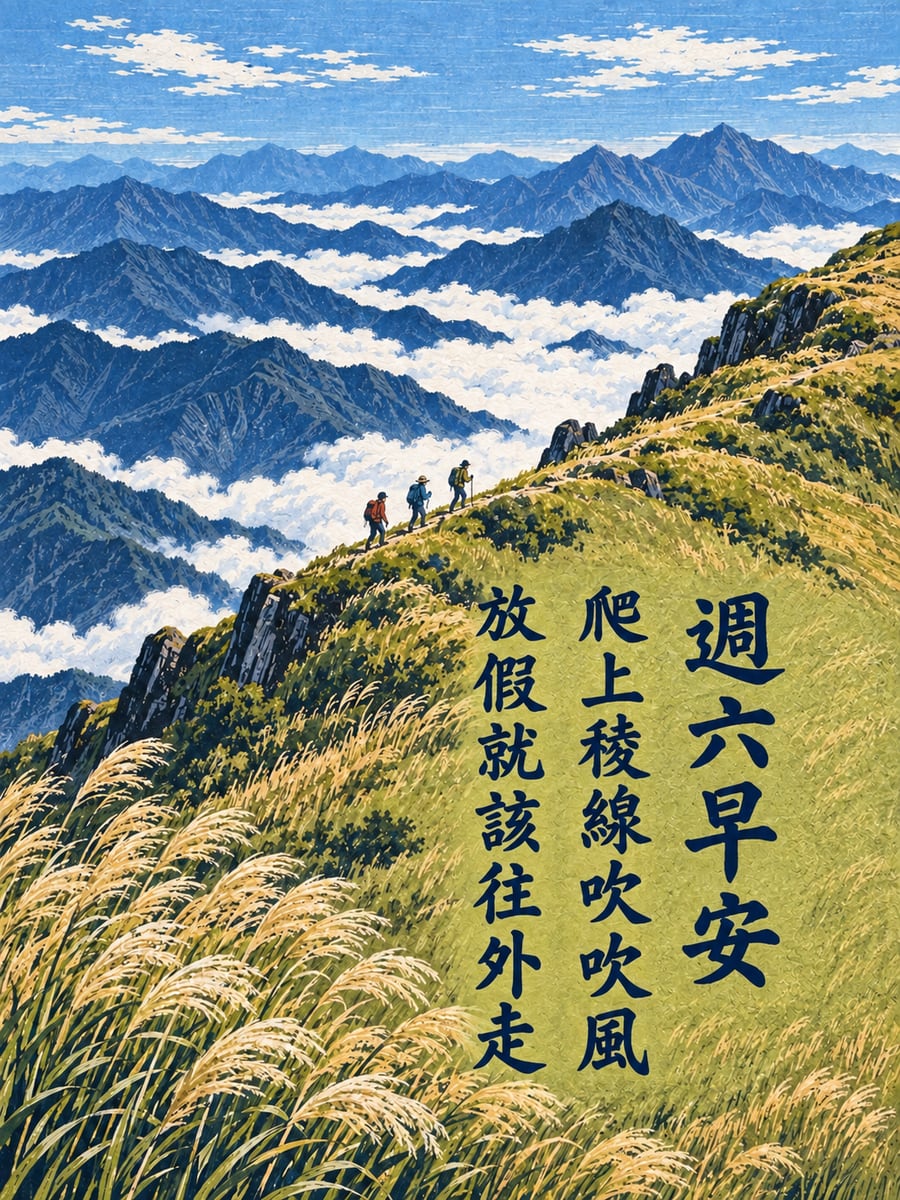 稜線上的週末。圖中文字：週六早安，爬上稜線吹吹風，放假就該往外走