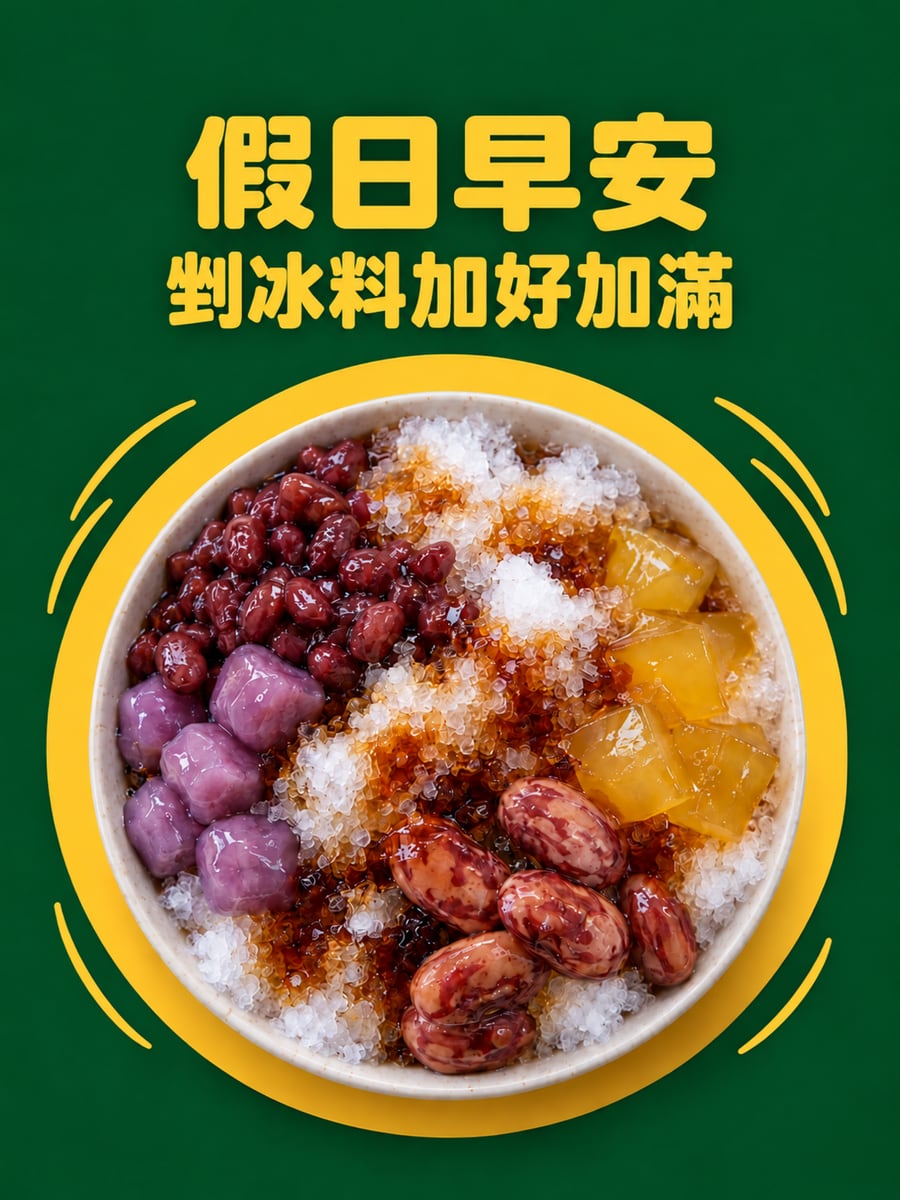 剉冰加滿料。圖中文字：假日早安，剉冰料加好加滿
