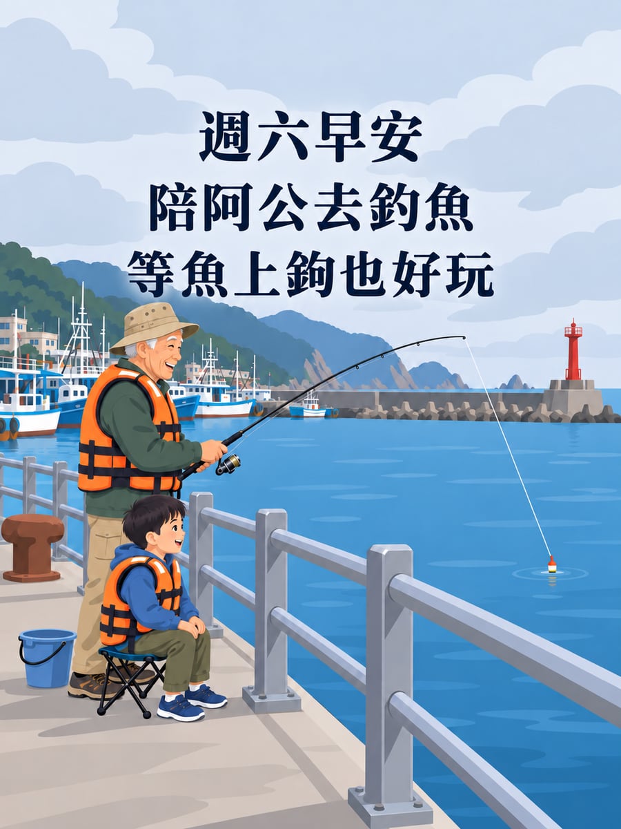 陪阿公釣魚。圖中文字：週六早安，陪阿公去釣魚，等魚上鉤也好玩