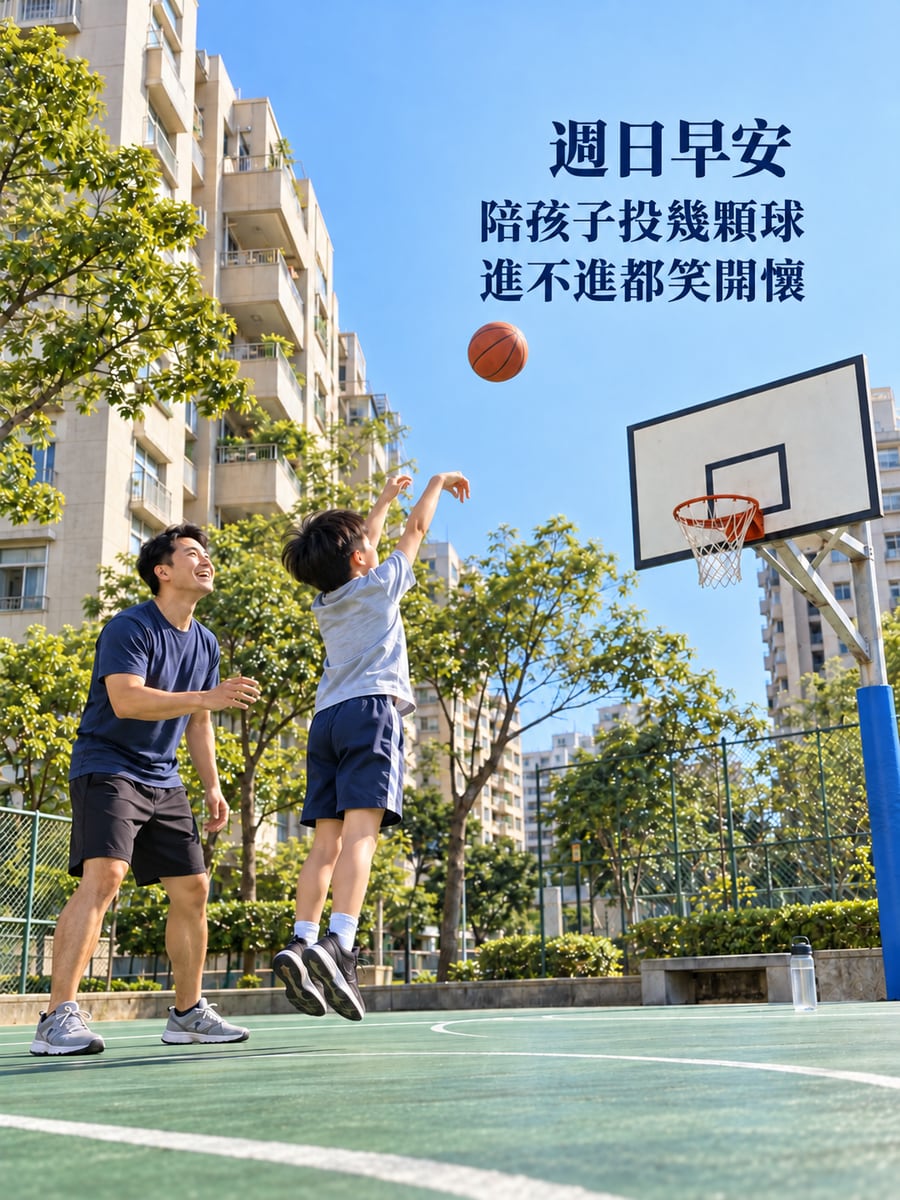 社區球場投籃。圖中文字：週日早安，陪孩子投幾顆球，進不進都笑開懷