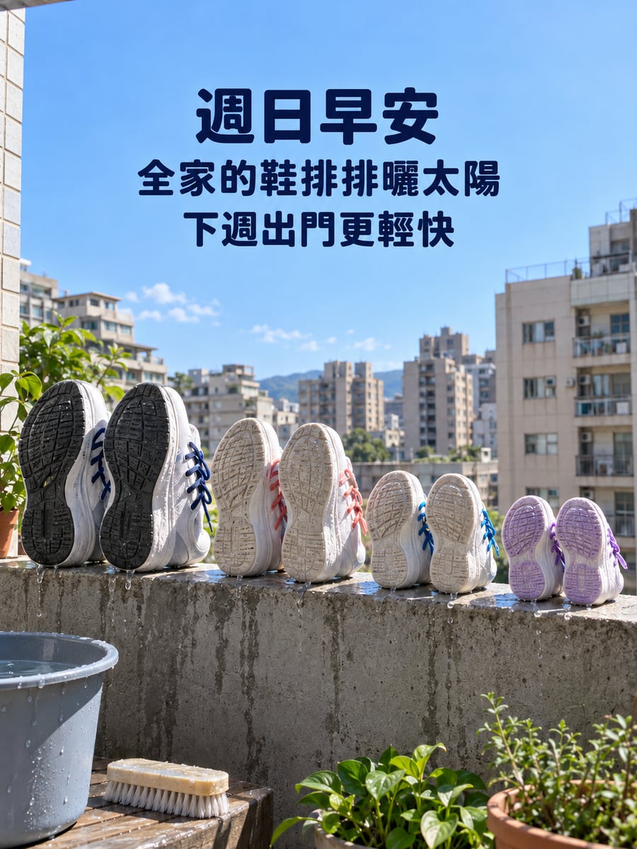 全家的鞋曬太陽。圖中文字：週日早安，全家的鞋排排曬太陽，下週出門更輕快