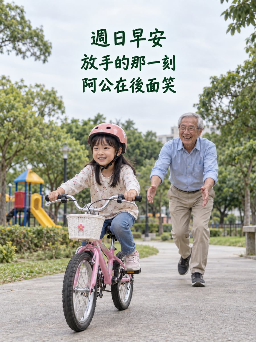 阿公教騎車。圖中文字：週日早安，放手的那一刻，阿公在後面笑