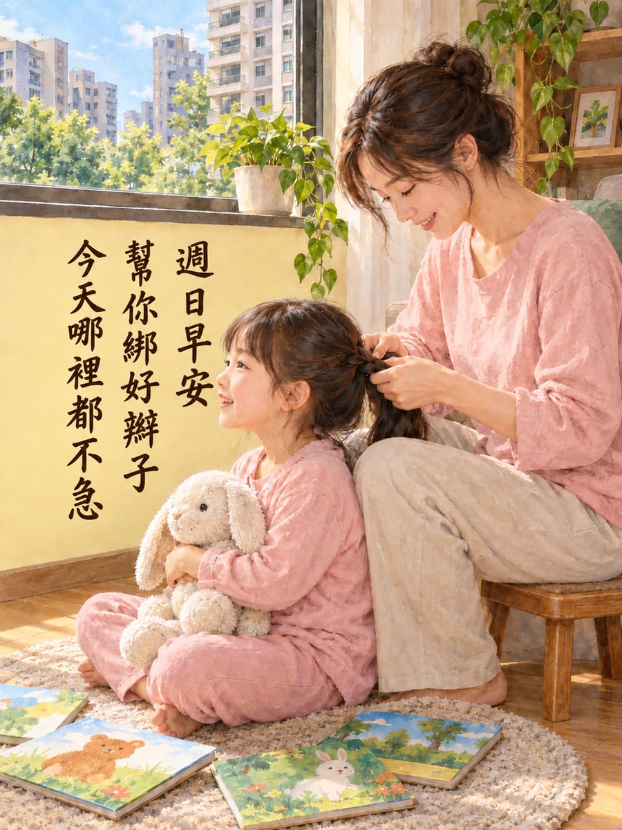 窗邊綁辮子。圖中文字：週日早安，幫你綁好辮子，今天哪裡都不急