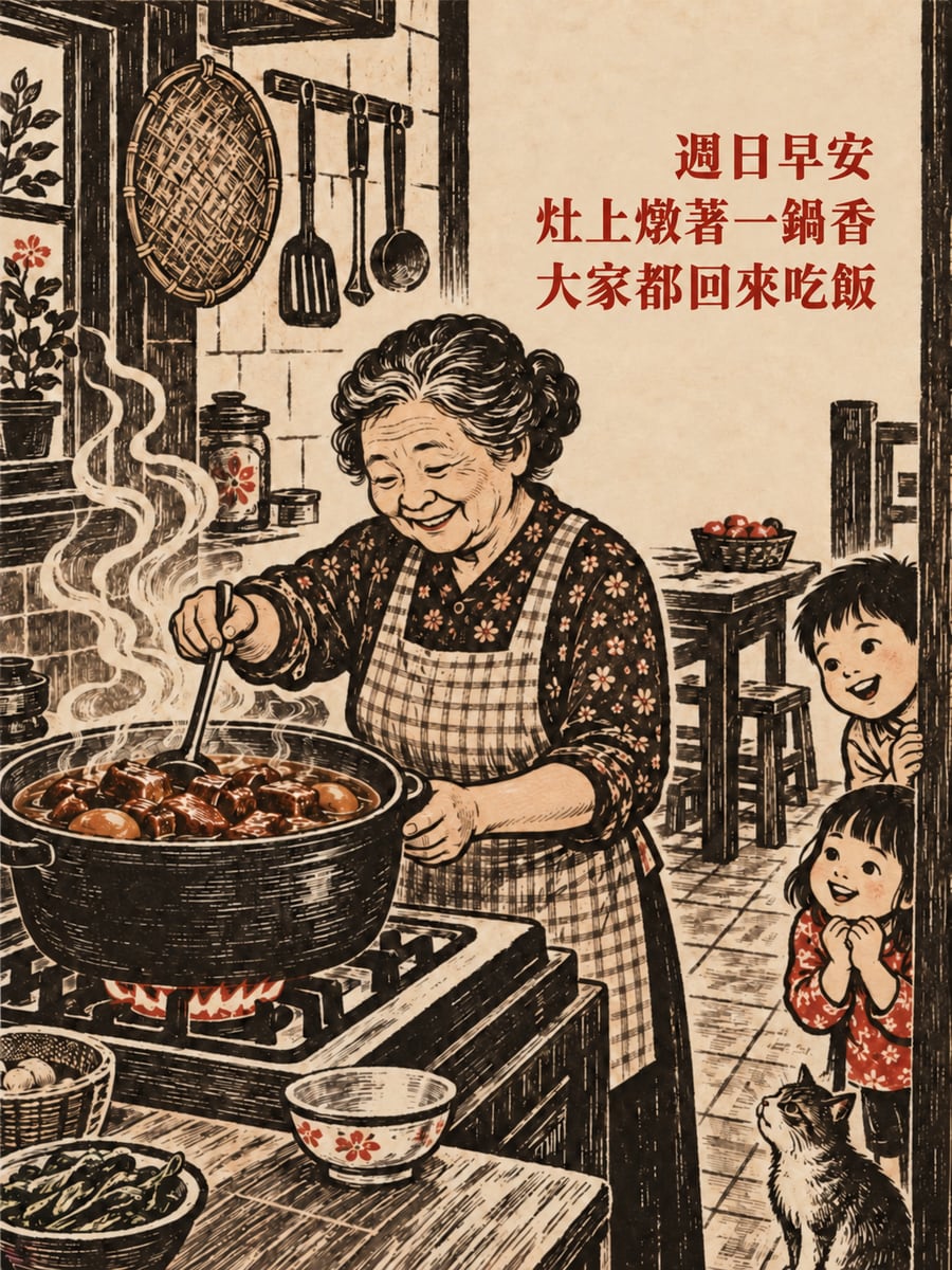 一鍋滷肉。圖中文字：週日早安，灶上燉著一鍋香，大家都回來吃飯