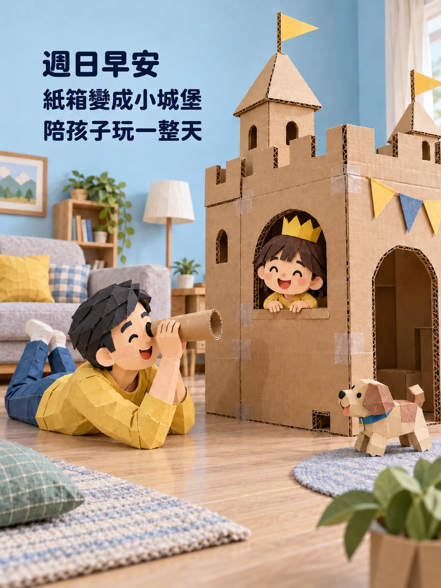 紙箱城堡。圖中文字：週日早安，紙箱變成小城堡，陪孩子玩一整天