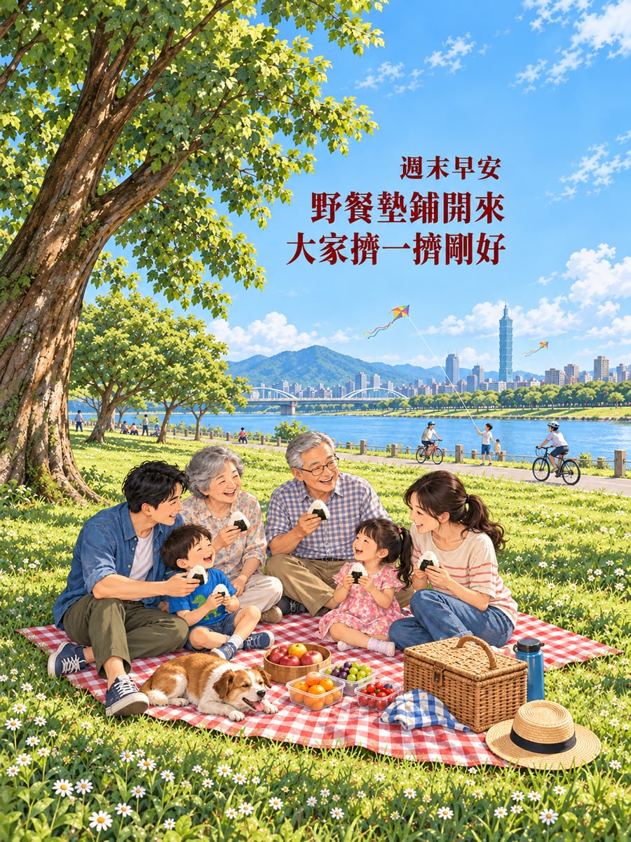 野餐墊擠一擠。圖中文字：週末早安，野餐墊鋪開來，大家擠一擠剛好