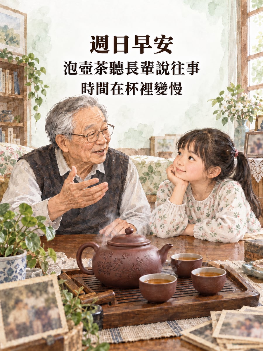 泡茶聽往事。圖中文字：週日早安，泡壺茶聽長輩說往事，時間在杯裡變慢