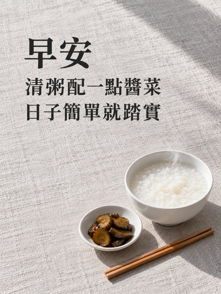 一碗清粥。圖中文字：早安，清粥配一點醬菜，日子簡單就踏實