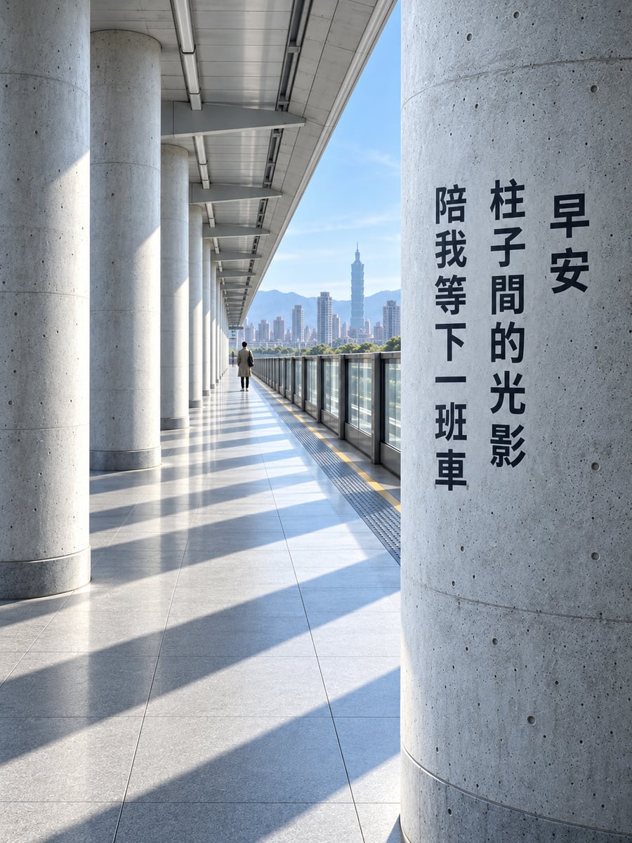 柱廊等車。圖中文字：早安，柱子間的光影，陪我等下一班車