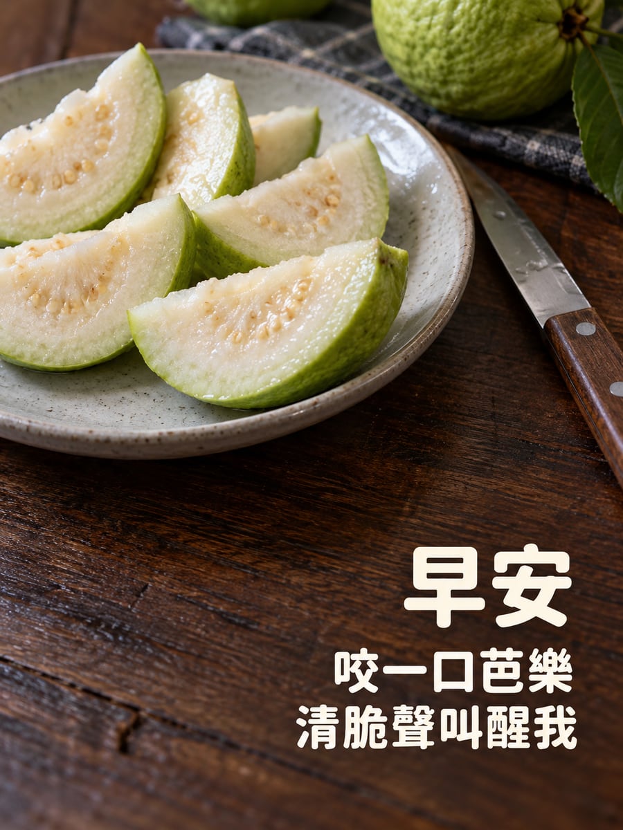 清脆芭樂。圖中文字：早安，咬一口芭樂，清脆聲叫醒我
