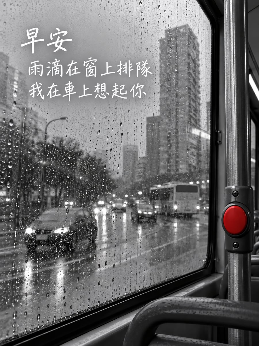 車窗雨滴。圖中文字：早安，雨滴在窗上排隊，我在車上想起你