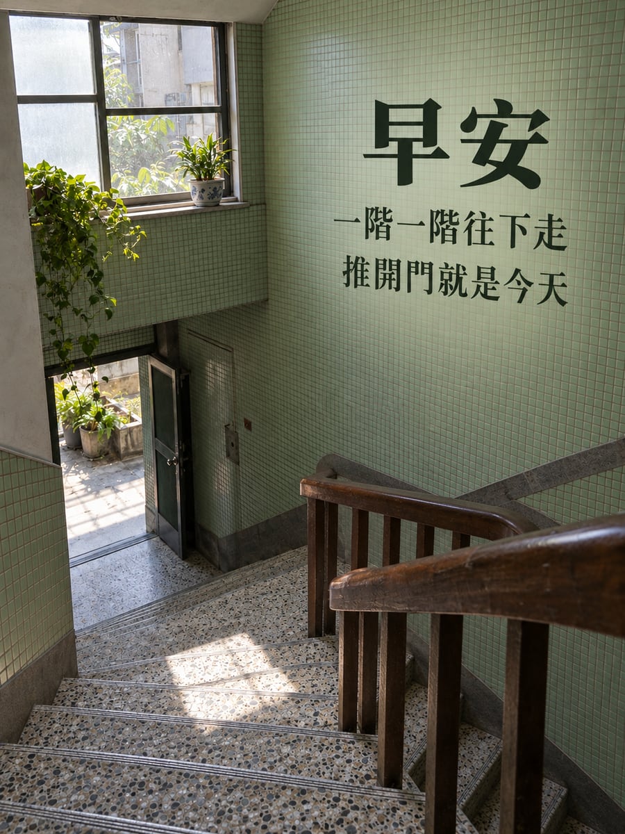 樓梯間的光。圖中文字：早安，一階一階往下走，推開門就是今天