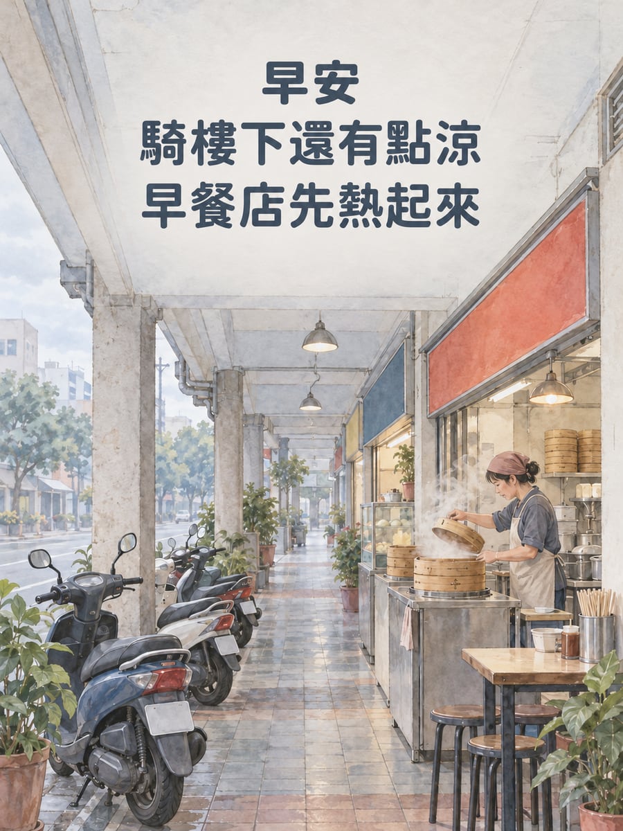 騎樓早點。圖中文字：早安，騎樓下還有點涼，早餐店先熱起來