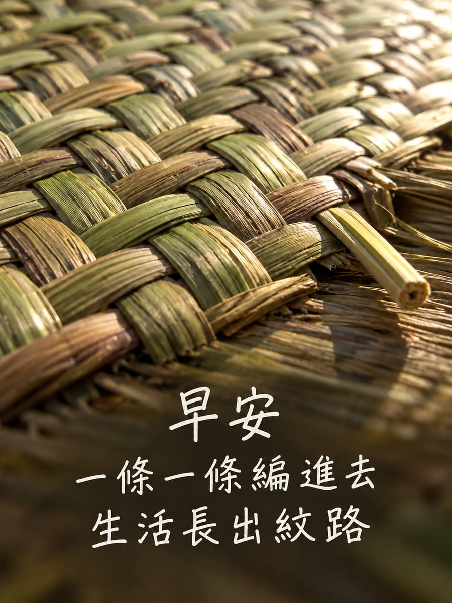 編織紋路。圖中文字：早安，一條一條編進去，生活長出紋路