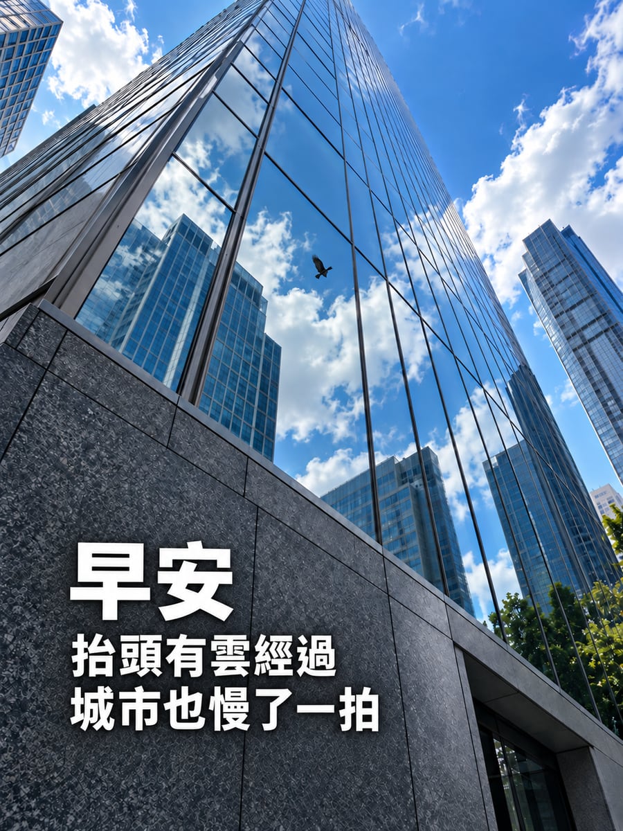 帷幕上的雲。圖中文字：早安，抬頭有雲經過，城市也慢了一拍