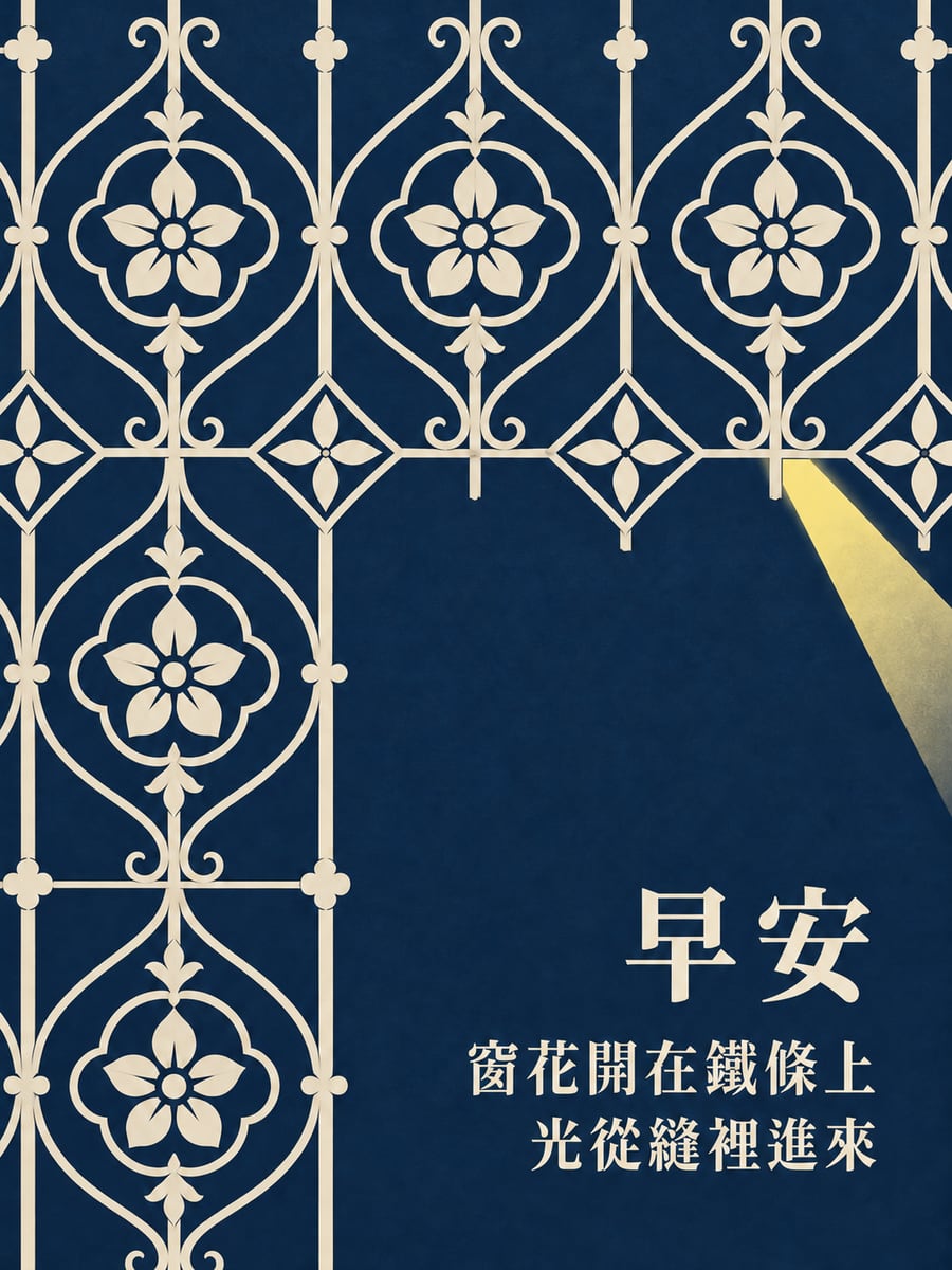 鐵窗花。圖中文字：早安，窗花開在鐵條上，光從縫裡進來