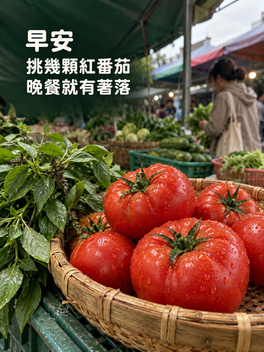 市場番茄。圖中文字：早安，挑幾顆紅番茄，晚餐就有著落