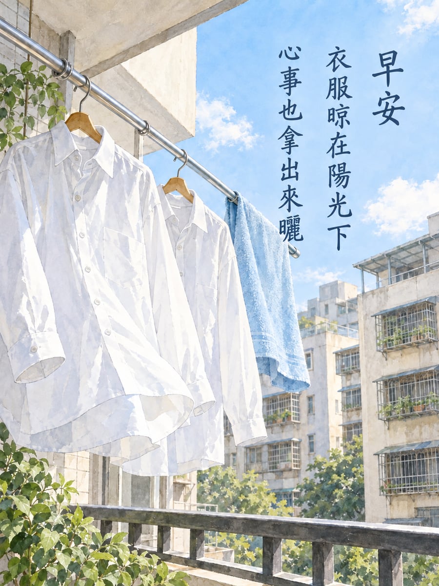 陽台曬衣。圖中文字：早安，衣服晾在陽光下，心事也拿出來曬