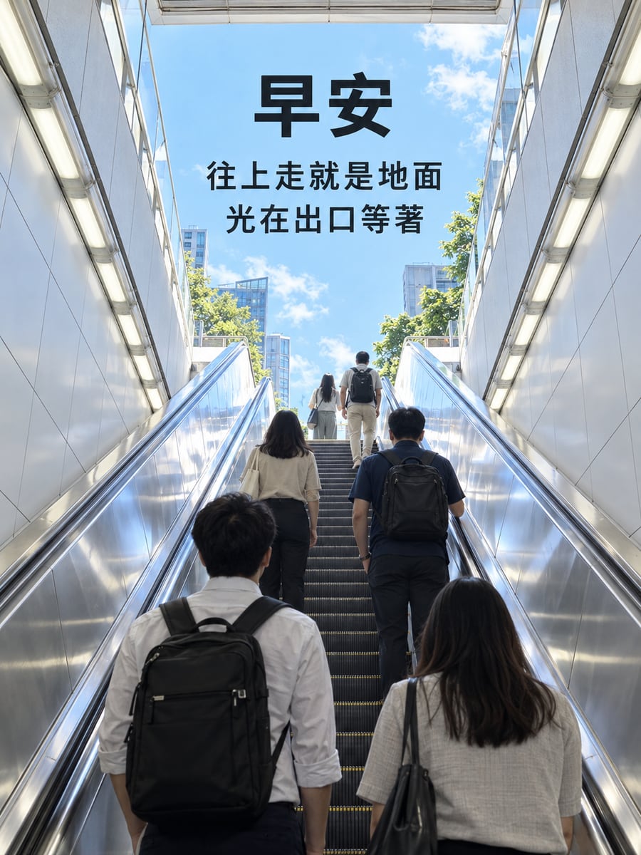 往出口的光。圖中文字：早安，往上走就是地面，光在出口等著