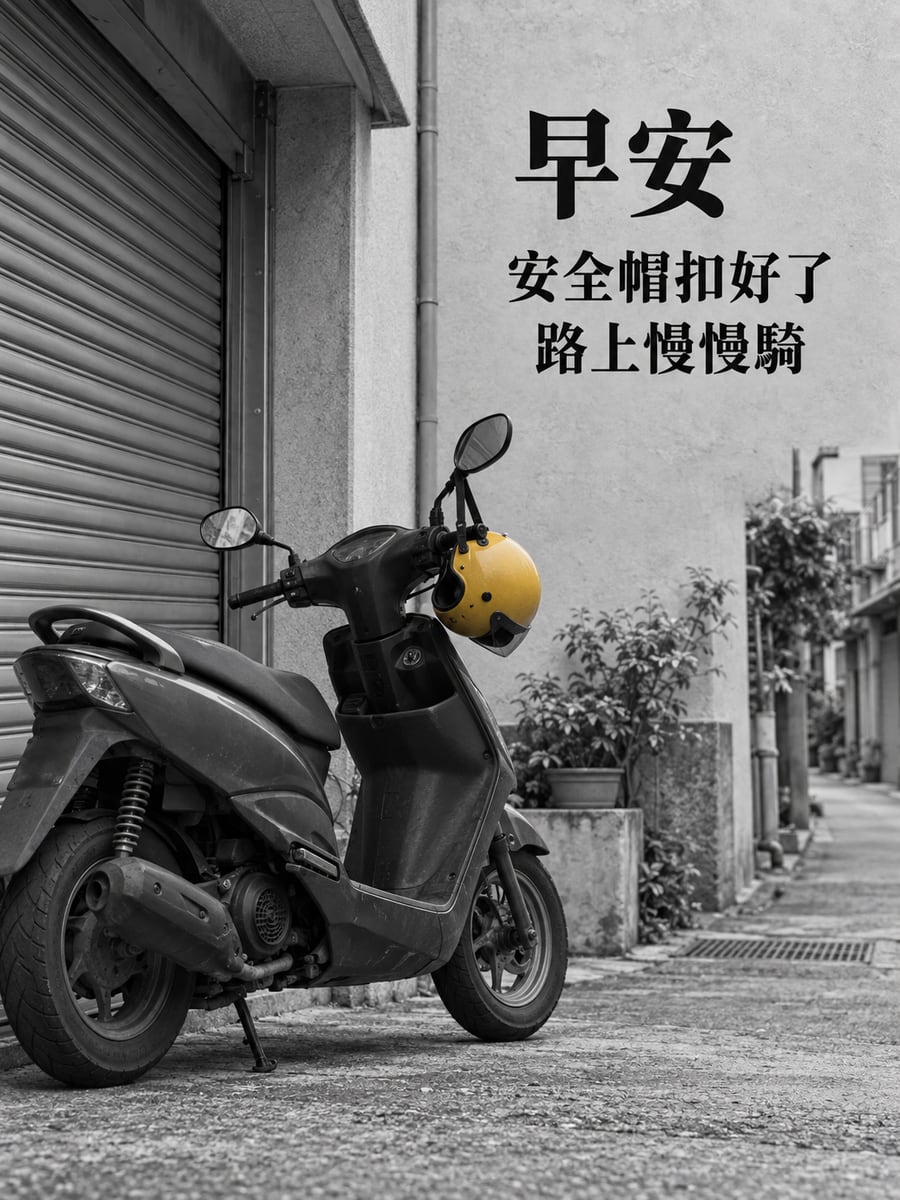 黃色安全帽。圖中文字：早安，安全帽扣好了，路上慢慢騎