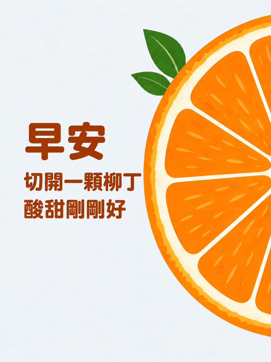 一片柳丁。圖中文字：早安，切開一顆柳丁，酸甜剛剛好