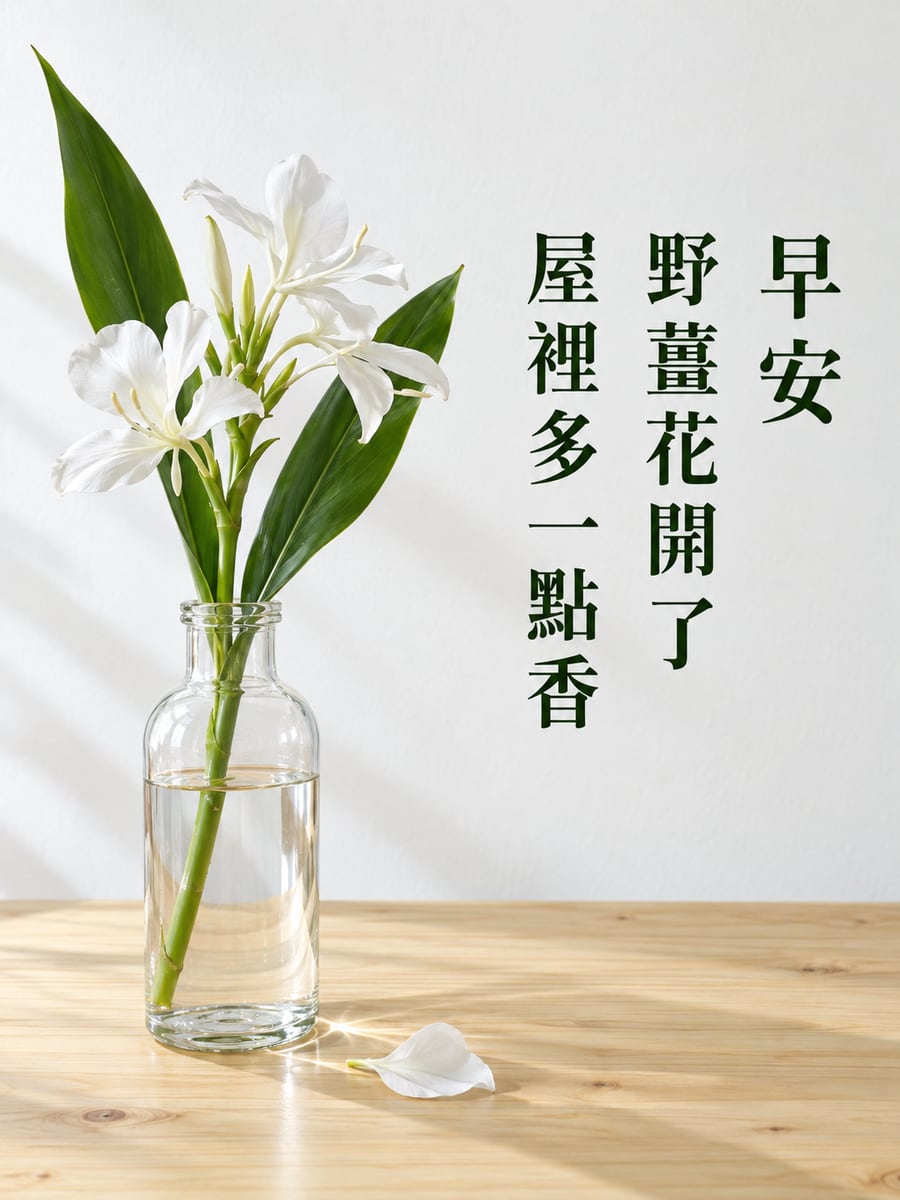 野薑花香。圖中文字：早安，野薑花開了，屋裡多一點香