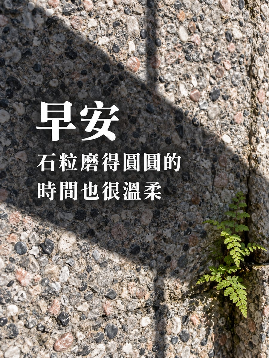 洗石子牆。圖中文字：早安，石粒磨得圓圓的，時間也很溫柔