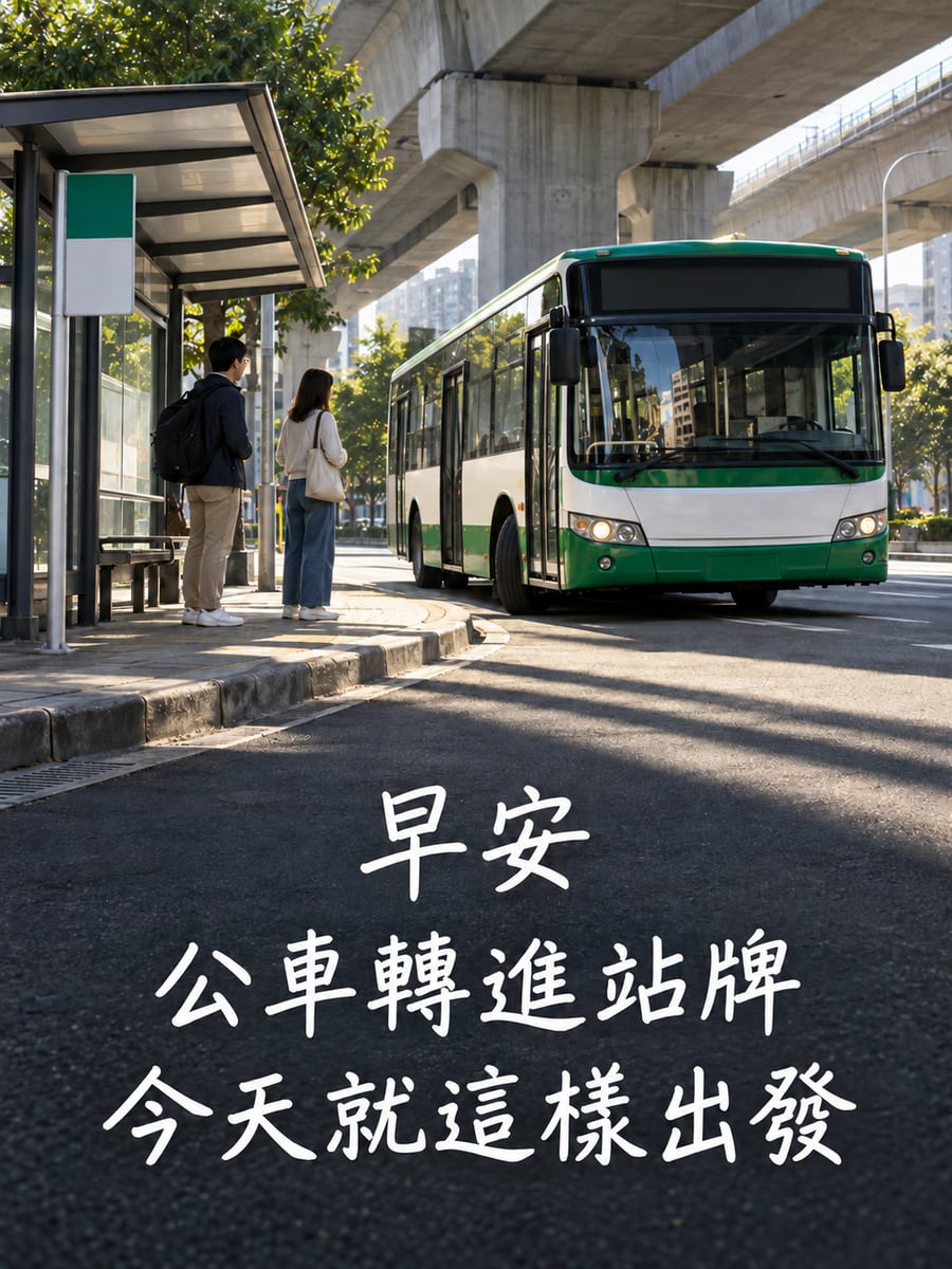 轉進站牌。圖中文字：早安，公車轉進站牌，今天就這樣出發