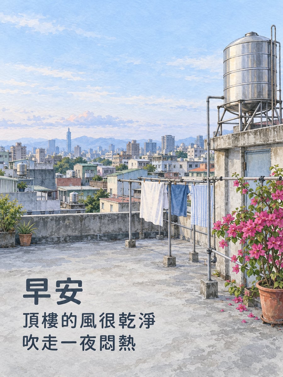 頂樓的風。圖中文字：早安，頂樓的風很乾淨，吹走一夜悶熱