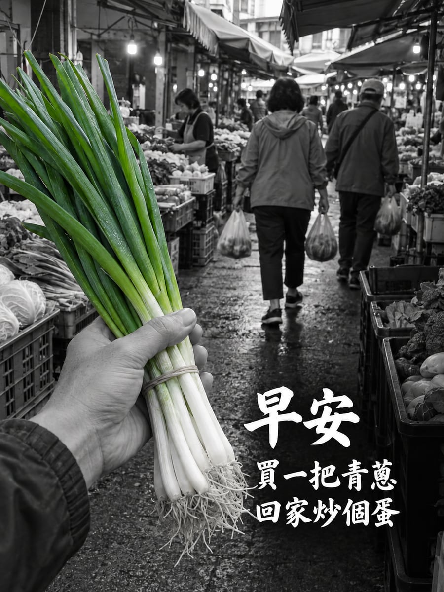 一把青蔥。圖中文字：早安，買一把青蔥，回家炒個蛋