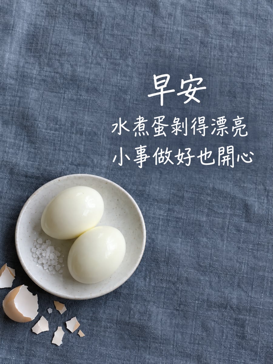 剝好的蛋。圖中文字：早安，水煮蛋剝得漂亮，小事做好也開心