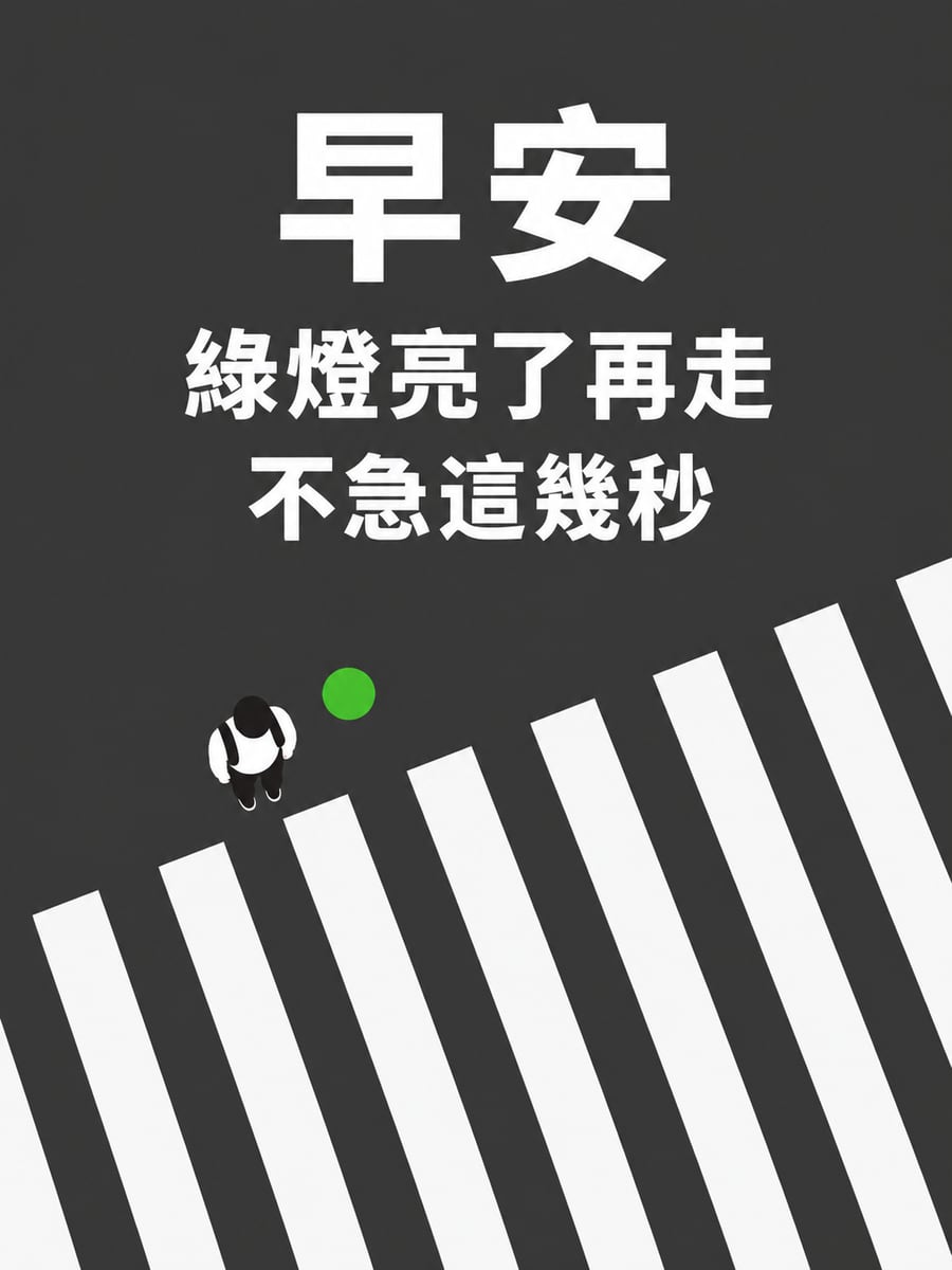 等綠燈。圖中文字：早安，綠燈亮了再走，不急這幾秒