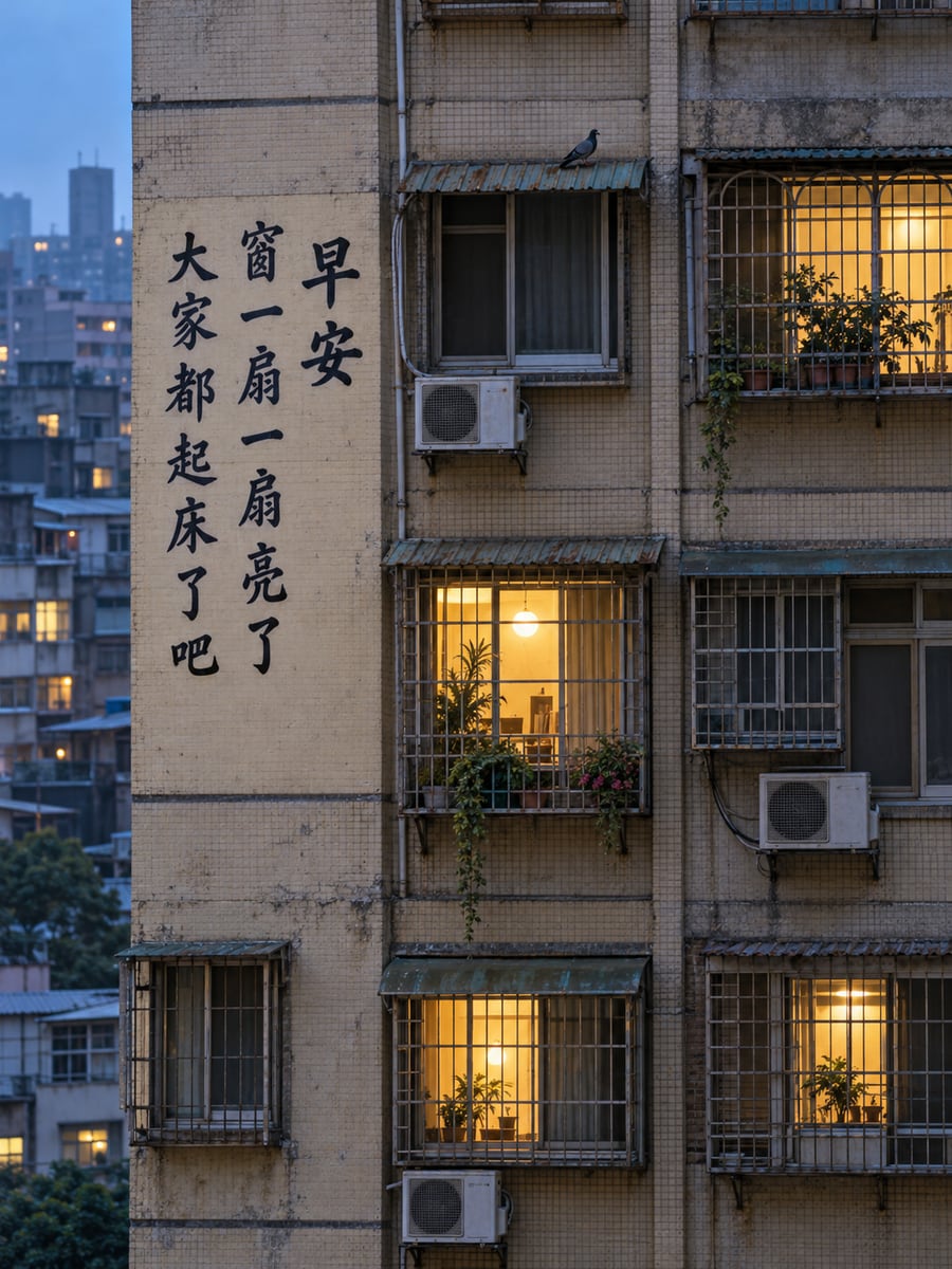 窗一扇扇亮。圖中文字：早安，窗一扇一扇亮了，大家都起床了吧