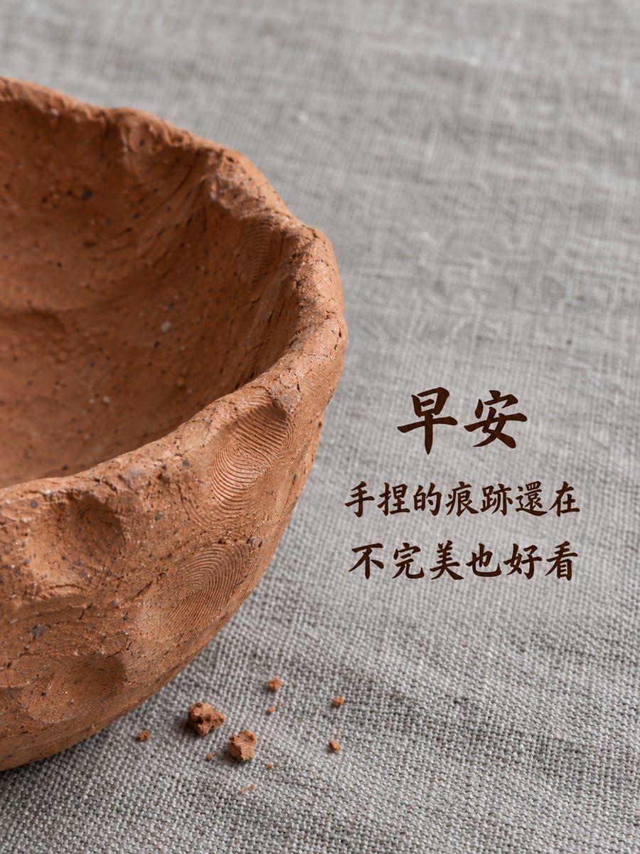手捏陶痕。圖中文字：早安，手捏的痕跡還在，不完美也好看