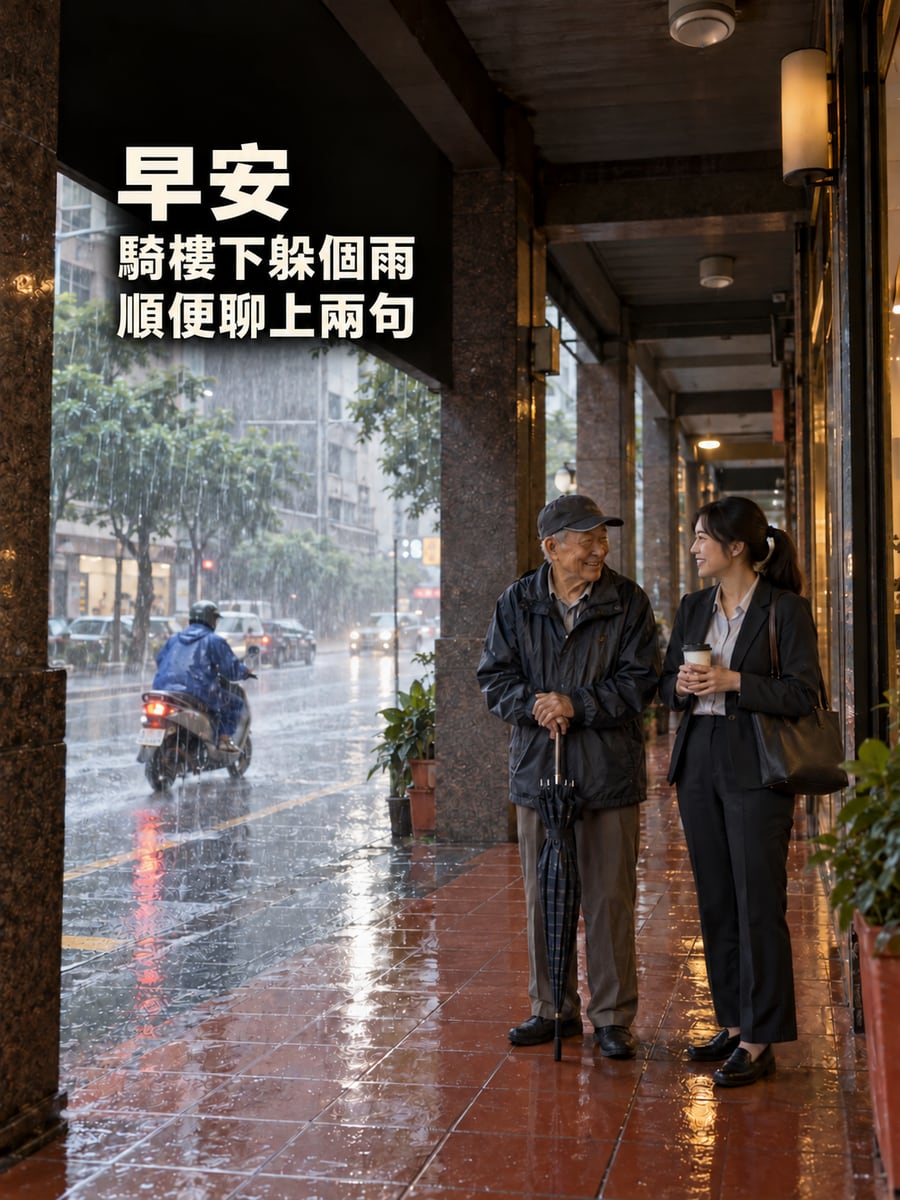 騎樓下躲個雨。圖中文字：早安，騎樓下躲個雨，順便聊上兩句