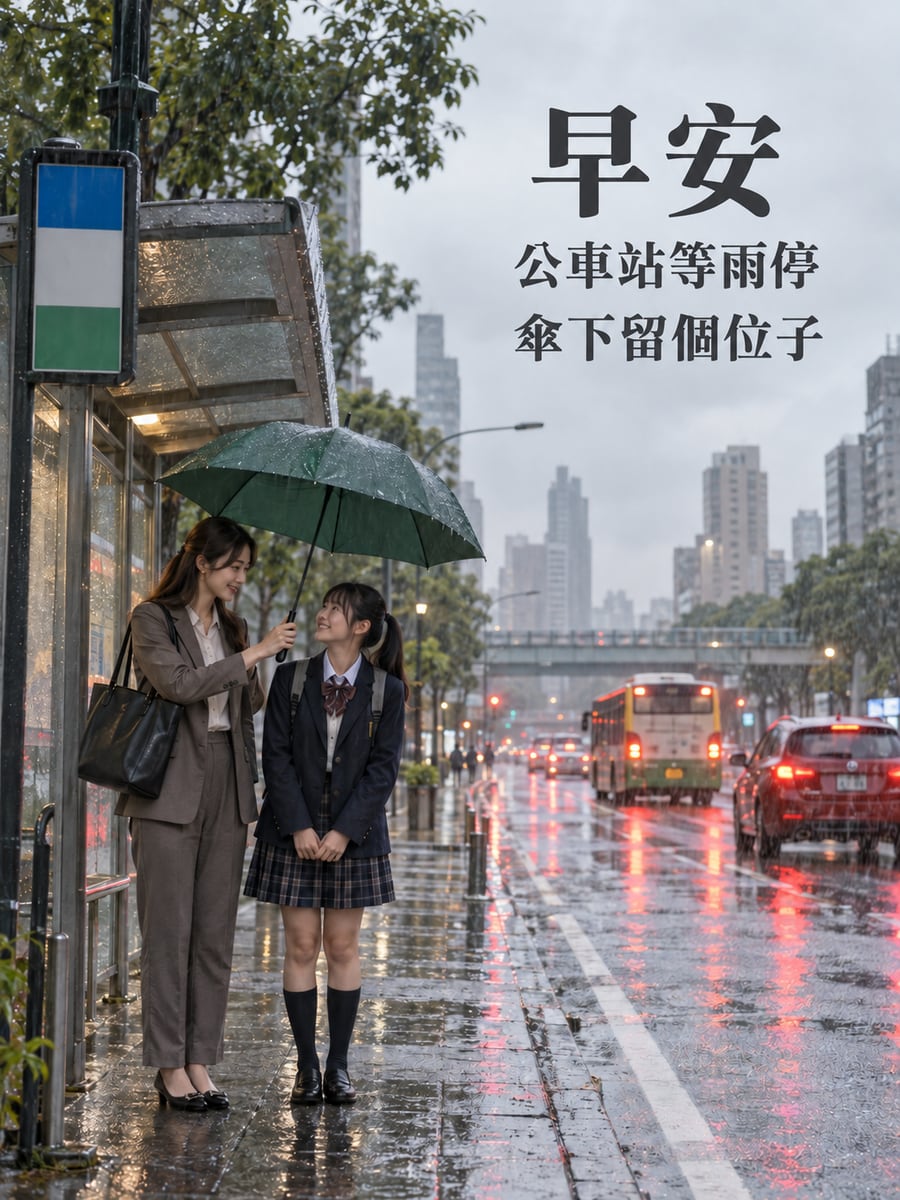 傘下留個位子。圖中文字：早安，公車站等雨停，傘下留個位子