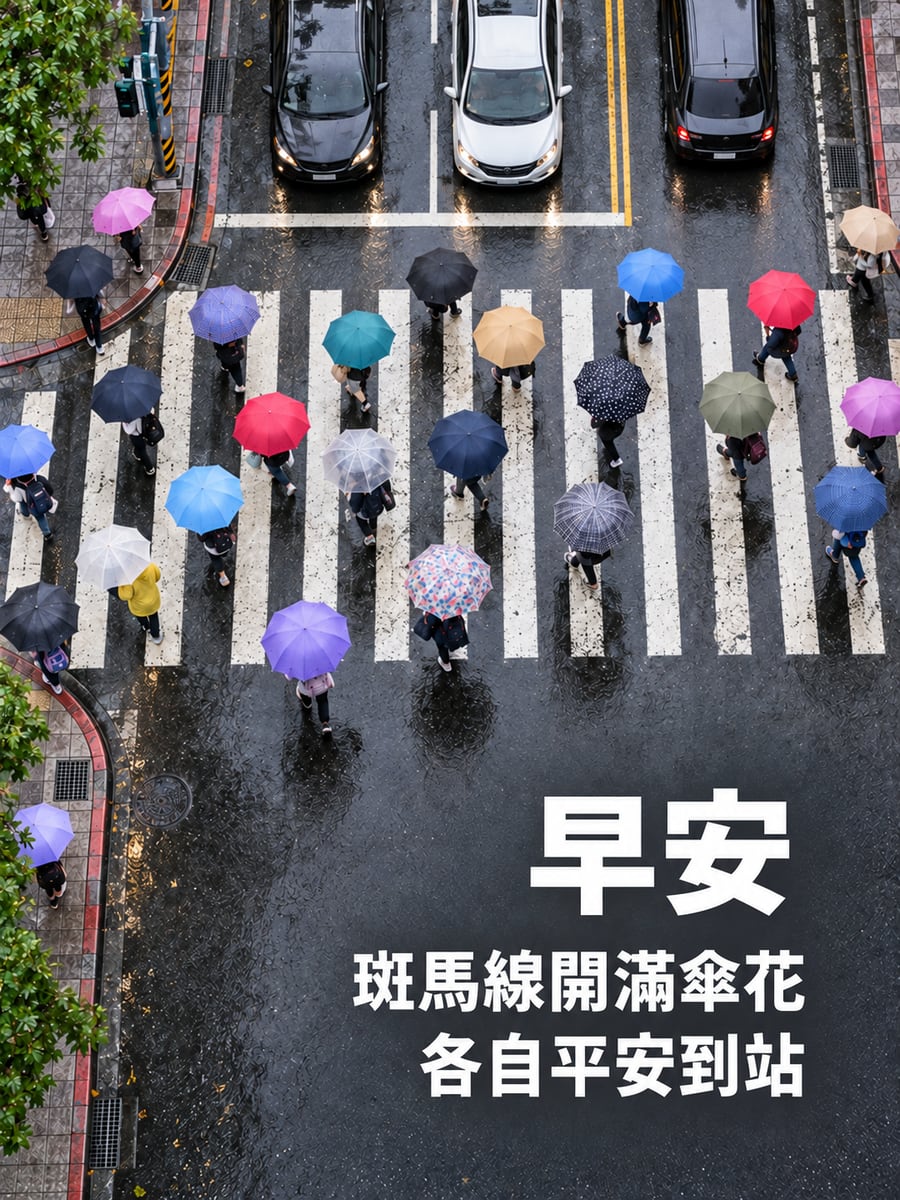 斑馬線開滿傘花。圖中文字：早安，斑馬線開滿傘花，各自平安到站