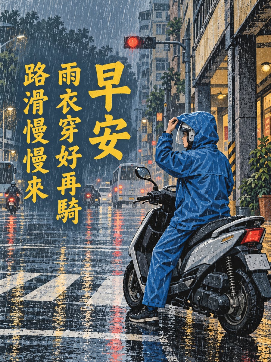 路滑慢慢來。圖中文字：早安，雨衣穿好再騎，路滑慢慢來