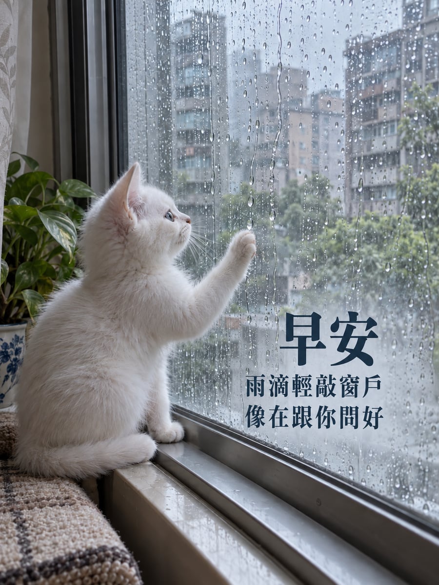 雨滴輕敲窗戶。圖中文字：早安，雨滴輕敲窗戶，像在跟你問好