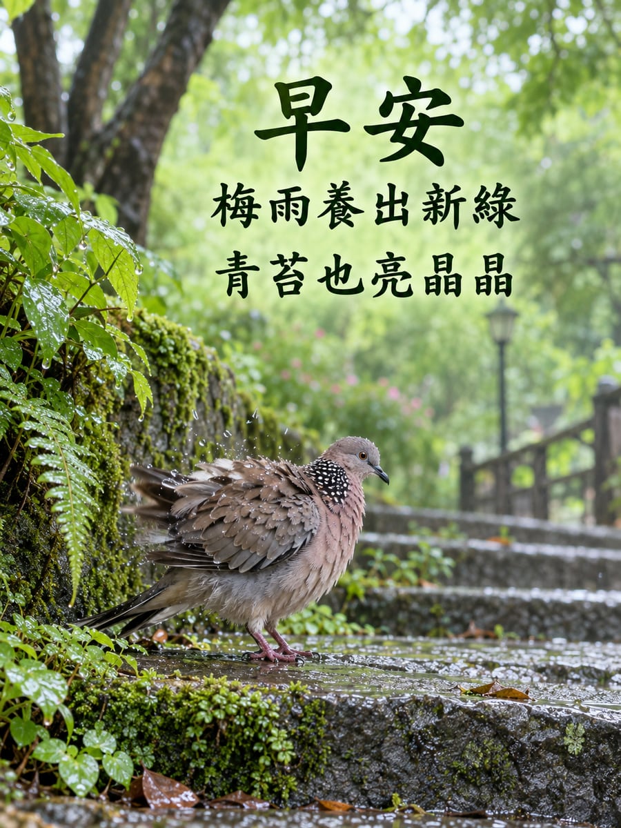 梅雨養出新綠。圖中文字：早安，梅雨養出新綠，青苔也亮晶晶