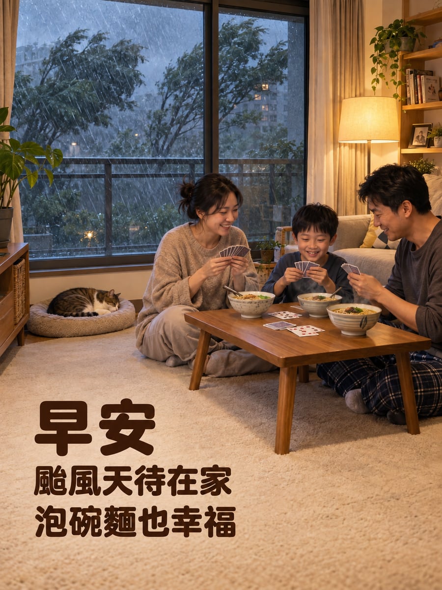 颱風天待在家。圖中文字：早安，颱風天待在家，泡碗麵也幸福