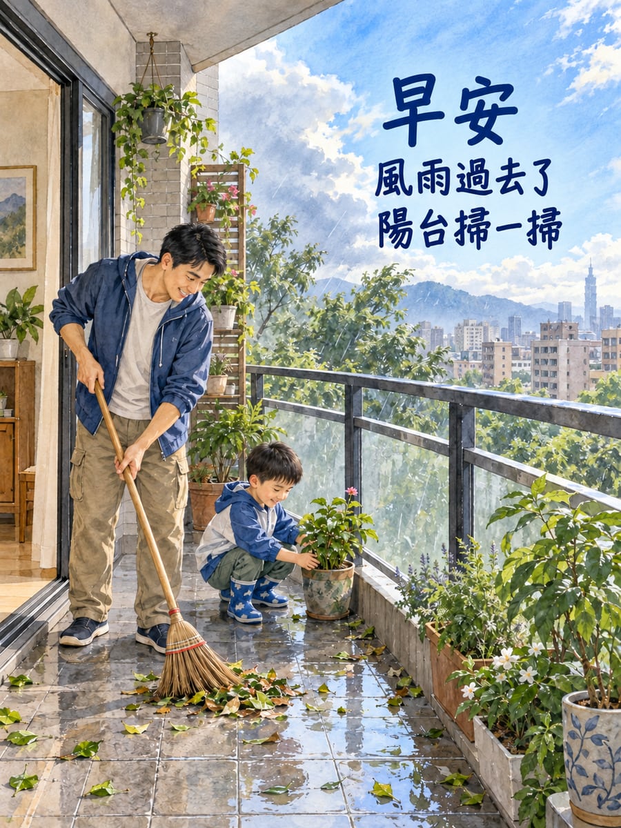 風雨過去了。圖中文字：早安，風雨過去了，陽台掃一掃