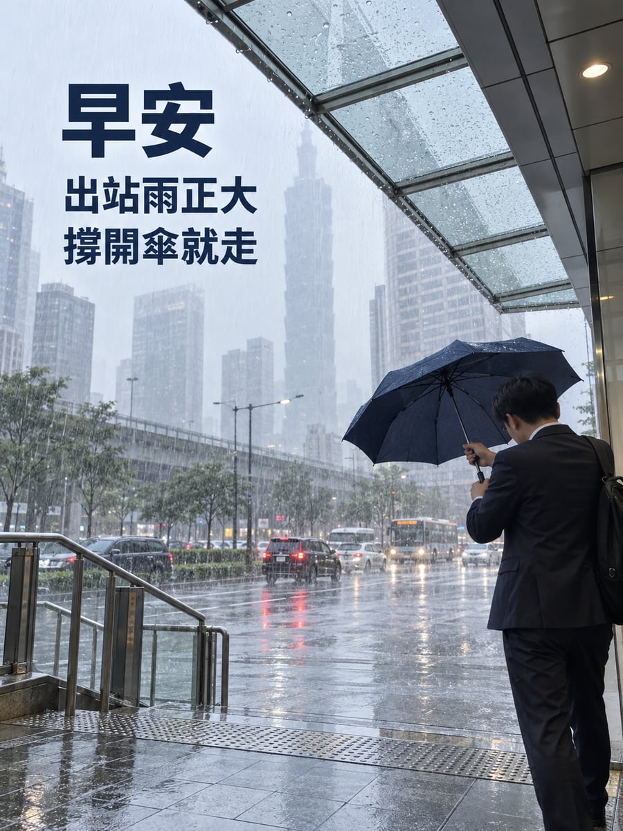 出站雨正大。圖中文字：早安，出站雨正大，撐開傘就走