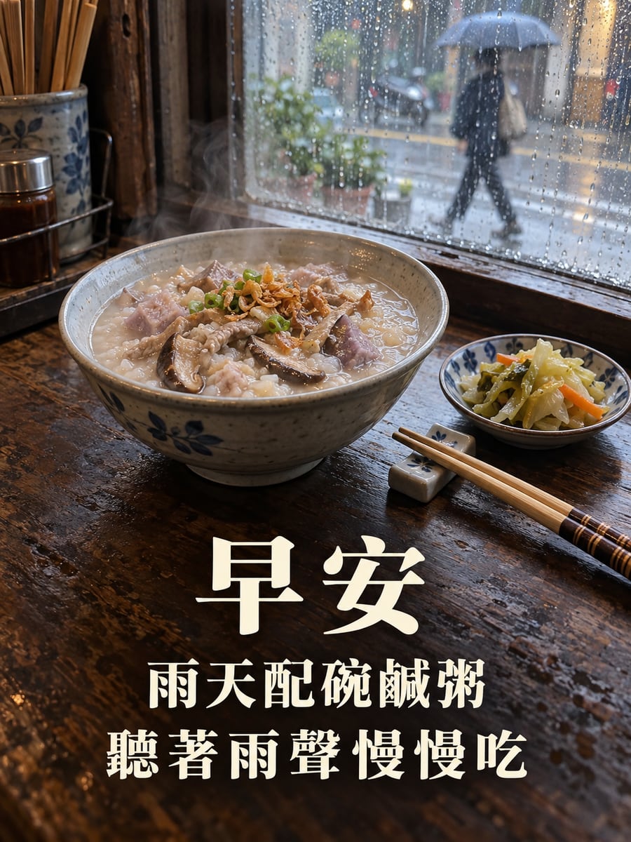 雨天配碗鹹粥。圖中文字：早安，雨天配碗鹹粥，聽著雨聲慢慢吃