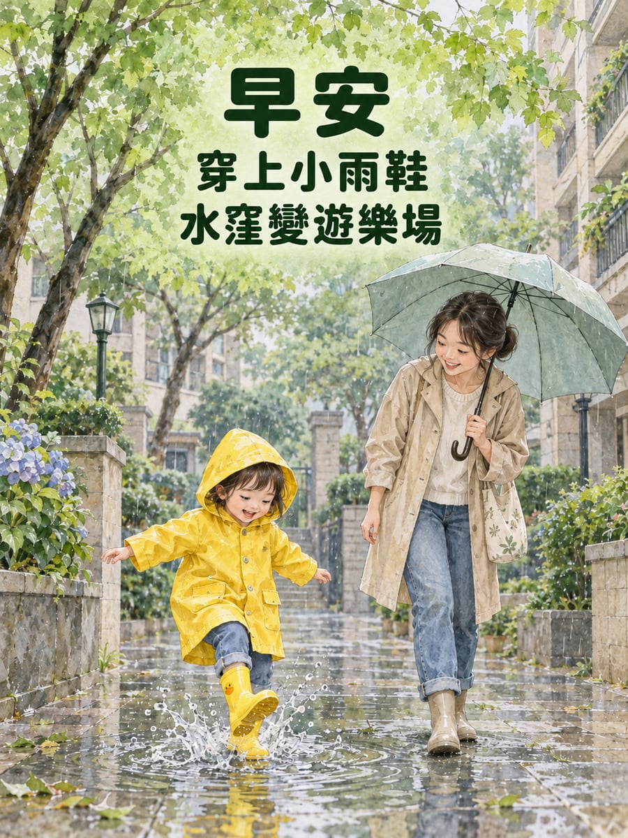 水窪變遊樂場。圖中文字：早安，穿上小雨鞋，水窪變遊樂場