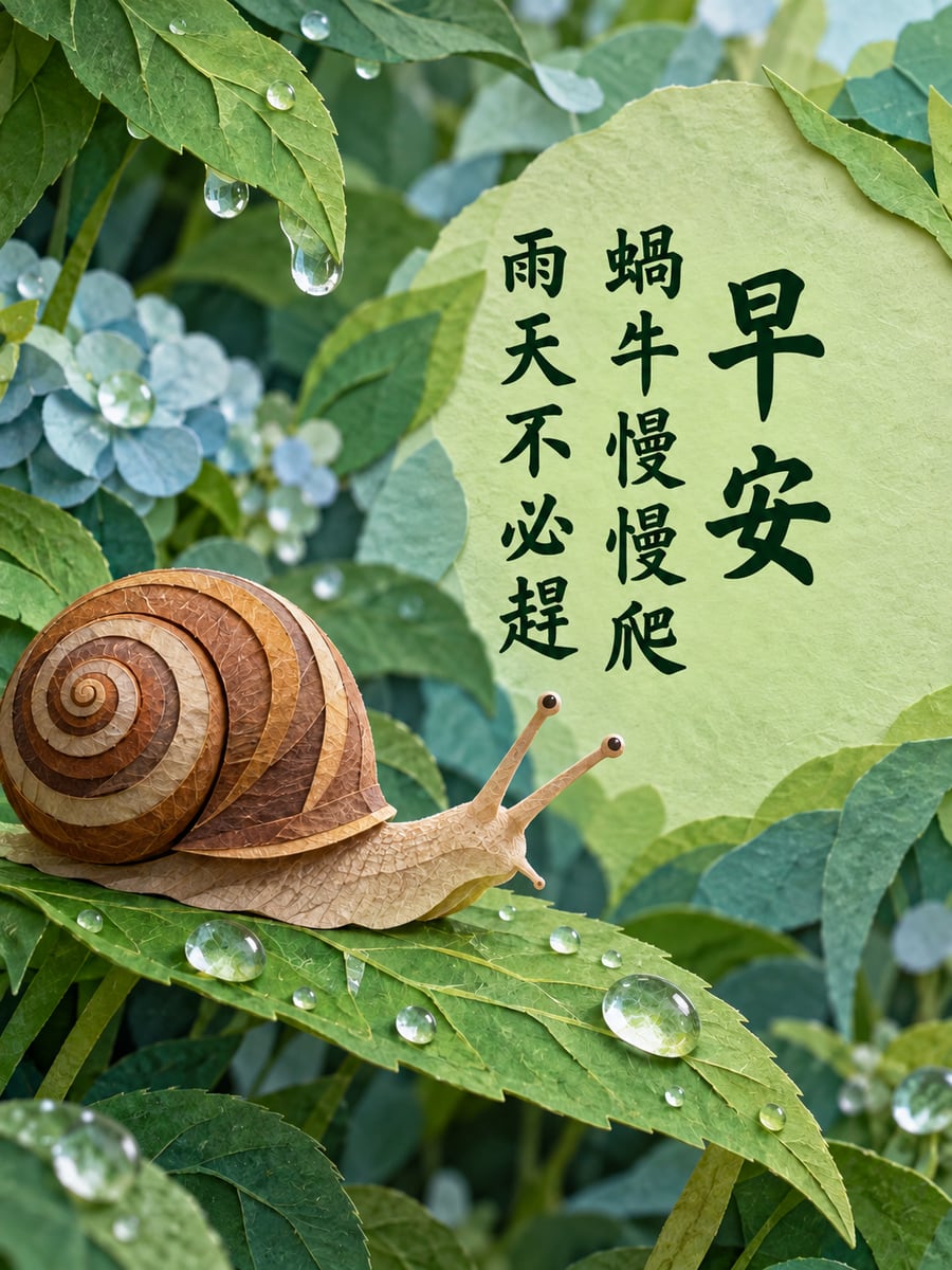 蝸牛慢慢爬。圖中文字：早安，蝸牛慢慢爬，雨天不必趕