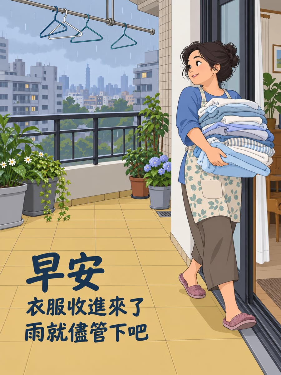 衣服收進來了。圖中文字：早安，衣服收進來了，雨就儘管下吧
