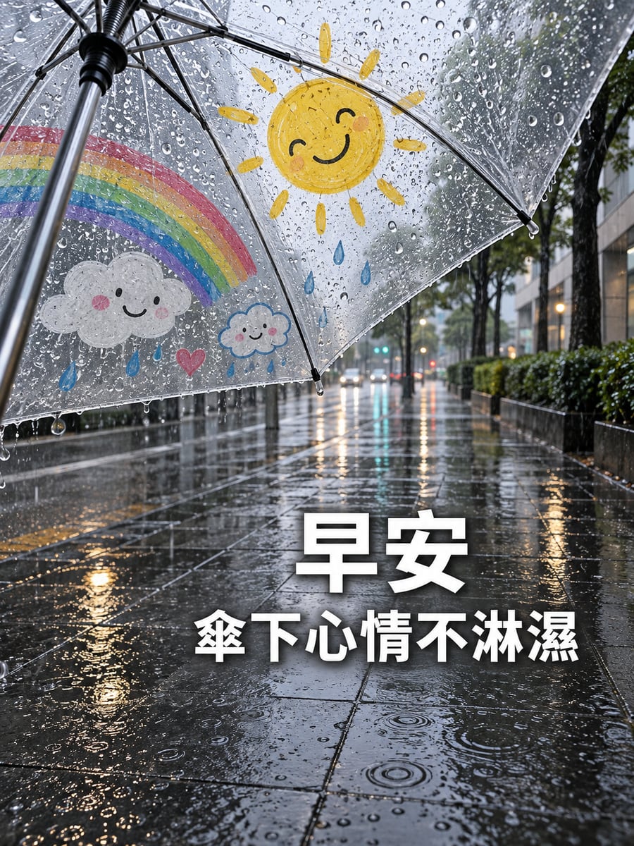 心情不淋濕。圖中文字：早安，傘下心情不淋濕